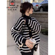 AEMAPE氣質(zhì)小香風(fēng)條紋v領(lǐng)毛衣外套女秋冬加厚軟糯慵懶針織開(kāi)衫別致上衣 黑白條紋 均碼 -90-140斤