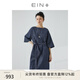 EIN【新中式牛仔系列】EIN言復古休閑干練系帶收腰連衣裙夏新款 墨藍 S