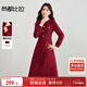 尚都比拉新年紅花邊小香風(fēng)連衣裙女秋季圓領(lǐng)收腰顯瘦厚粗花呢裙優(yōu)雅中長(cháng)裙