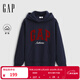 GAP女裝2025秋季新款撞色Logo寬松抓絨套頭連帽衫衛衣上衣 海軍藍 S (160/84A) 亞洲尺碼