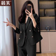 晨芙短款西裝外套女小個(gè)子氣質(zhì)職業(yè)套裝時(shí)尚高級感休閑西服正裝工作服 黑色西裝+西褲 L 建議100-110斤