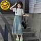 G.duck女童裙子夏季牛仔裙2025新款洋氣兒童韓版大童休閑短袖半身裙套裝 【兩件套】牛仔裙+短袖T恤 160 cm