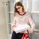 三彩2026春季新款圓領(lǐng)條紋針織衫長(cháng)袖開(kāi)衫外套繡花新年毛衫M