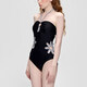 小野七天 泳衣成人女士 高級感露背泳裝泡溫泉性感連體掛脖顯瘦沙灘泳裝 黑色花朵 L