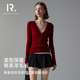Henny Rue女士針織衫女新年紅色打底衫秋冬含羊毛系扣坑條修身顯瘦毛衣長(cháng)袖 胭脂紅 M (80-120斤）