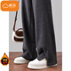 棉致加絨加厚人字紋窄版開(kāi)叉休閑直筒褲子女秋冬季高腰毛呢香蕉闊腿褲 9478黑灰色【加絨高品質(zhì)】 L 100-115斤