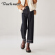 塔馳密司（touchmiss）港風(fēng)潮流冬季牛仔褲女顯瘦腳口翻邊格子加厚保暖闊腿褲 藏藍色 M 27