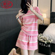 浪莎（LangSha）睡衣女夏季2025新款大碼條紋短袖夏天休閑家居服兩件套裝可外穿薄 粉紅色_套裝-上衣+短褲 2XL _建議140-160斤