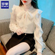 羅蒙（ROMON）襯衫女春夏2026新款法式氣質(zhì)復古設計感小眾上衣荷葉邊蝴蝶結襯衣 杏色 S 【建議100斤以?xún)取? title=