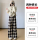 潮蒙駱加絨加厚毛呢格子休閑褲子女秋冬季新款胖mm高腰遮胯垂感闊腿褲 黑格 L