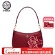 天煦新年禮物斜挎小包女新款大氣中年媽媽單肩包刺繡牛皮腋下包 酒紅色-禮盒款