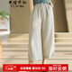 衣瑾帛社舒適純亞麻休閑褲女七分褲松緊腰寬松夏季薄款闊腿褲女八分褲子 麻色 L