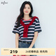 伊芙麗（eifini）伊芙麗2025夏裝新款撞色領(lǐng)彩色條紋T恤女圓領(lǐng)短袖百搭打底衫 藏青 S