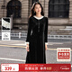 尚都比拉撞色花邊絲絨連衣裙女冬季優(yōu)雅圓領(lǐng)長(cháng)袖A字裙藏肉顯瘦氣質(zhì)中長(cháng)裙