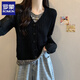 羅蒙（ROMON）開(kāi)衫針織衫女春秋新款拼接假兩件長(cháng)袖小眾寬松顯瘦休閑洋氣上衣女 黑色 M