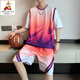 稻草人（MEXICAN）夏季冰絲短袖t恤男孩青少年初中高中學(xué)生大童速干籃球服運動(dòng)套裝 10913-B3010橙色（上衣+短褲） 3XL 145至160斤