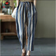 AEMAPE薄款棉麻九分褲女2025寬松大碼條紋休閑褲松緊腰哈倫褲亞麻女褲子 MX-4-3315_藍色條紋 2XL 建議125-140斤