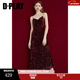 DPLAY2025秋季亮片紅色度假吊帶連衣裙敬酒服訂婚禮服裙晚禮服 復古紅 L