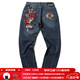 鬼洗富貴貓刺繡彎腿牛仔褲男日系潮牌休閑長(cháng)褲 20N0641 79牛仔藍色 S
