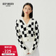 深呼吸DEEP BREATH女裝V領(lǐng)棋盤(pán)格麻花肌理羊毛針織開(kāi)衫毛衣女A400956 白 M (3)