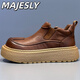 MAJESLY輕奢品牌男鞋德比鞋男款2026新款冬季保暖鞋真皮增高大頭工裝皮鞋 棕色 39 （標準皮鞋碼）