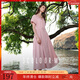 三彩2025夏季新款純色連衣裙收腰A字裙燈籠袖長(cháng)裙系帶M 櫻花粉 S 155/80A