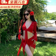 栢啟歆泳衣女泡溫泉比基尼騏驥紅性感分體四件套純欲三點(diǎn)式沙灘度假 紅色泳衣+紅色頭花【80-120】