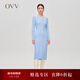 OVV秋冬熱賣(mài)女裝羊毛立體曲線(xiàn)坑條裝飾圓領(lǐng)長(cháng)袖針織連衣裙 淺藍（凈色）A5 S