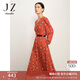 玖姿·安娜蔻V領(lǐng)長(cháng)袖復古抽褶雪紡柿子花印花連衣裙女款 花桔紅 M