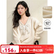 西遇慵懶溫柔甜美釘珠蝴蝶結針織衫女2025春季新款深V領(lǐng)寬松毛衣 杏色 S