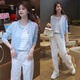 韓璐嬌（hanlujiao）休閑褲女裝2026春季穿搭一整套假兩件上衣寬松時(shí)尚顯瘦直筒牛仔褲 假兩件上衣+白色牛仔褲 M