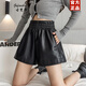 古梵莎秋冬新款松緊高腰A字五分皮短褲女外穿闊腿短褲皮褲休閑打底靴褲 黑色 M