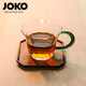 JOKO正品中式海棠咖啡杯喝茶杯可微波爐無(wú)鉛高硼硅耐熱玻璃杯把手水杯 中式海棠花邊杯140mlx1+胡桃木杯墊x1