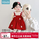 優(yōu)奇女童連衣裙秋裝洋氣兒童假兩件公主裙女寶寶周歲禮服春秋嬰兒裙子 紅色【春秋款】 80