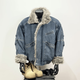 普戈斯（PUGESI）龍叨叨秋冬新品潮流美式復古牛仔拼接座山雕加厚毛領(lǐng)寬松夾克外套 藍色 2XL