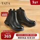 他她TATA奶皮靴子秋羊皮英倫時(shí)裝靴短筒厚底真皮粗跟 黑色（單里） 37