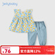 JELLYBABY女童套裝童裝甜美清新套裝夏季新款兒童女童嬰幼短袖套裝休閑衣服 藍色 120