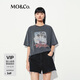 MO&Co.T恤2025夏新品棉質(zhì)度假風(fēng)做舊印花寬松落肩短袖