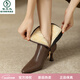 啄木鳥(niǎo)軟羊皮時(shí)裝靴不臃腫羊羔毛高跟雪地靴女冬季法式尖頭瘦瘦細跟短靴 棕色【厚羊羔絨】_7cm跟高 34