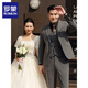 羅蒙新郎結婚西服套裝男士韓版修身禮服商務(wù)職業(yè)正裝西裝男英倫三件套 雙扣深灰（西裝+西褲） 送襯衫-領(lǐng)帶領(lǐng)結 2XL 【建議130-145斤】