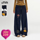 妖精的口袋復古毛邊闊腿牛仔褲女2025秋季新款潑墨設計時(shí)尚拖地褲 復古深藍色 M