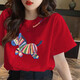 一寸相思紅色馬年本命年衣服純棉新年t恤女短袖2026新款寬松百搭過(guò)年上衣 紅色-彩條小馬 M (100-110斤）