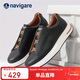 納維凱爾意大利小帆船真皮低幫板鞋透氣商務(wù)百搭休閑鞋一腳蹬男鞋 黑色