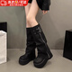 JIOESC褲管靴女堆堆靴厚底大頭松糕西部靴不過(guò)膝長(cháng)靴高筒騎士靴子甜酷風(fēng) 黑色36碼