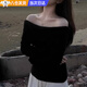 皓梵潔一字肩毛衣女春秋薄款針織衫上衣露肩氣質(zhì)女裝高級感打底衫次日達 黑色 均碼【80-120斤】