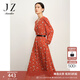 玖姿·安娜蔻V領(lǐng)長(cháng)袖復古抽褶雪紡柿子花印花連衣裙女款 花桔紅 M