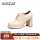 接吻貓KISSCAT樂(lè )福鞋女鞋春季新款通勤粗跟系帶高跟鞋女KA43530-10 米白色皺牛漆皮革 34