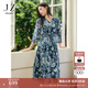 玖姿·安娜蔻【草目系列】雪紡V領(lǐng)七分袖印花連衣裙女2024春款 花丈青 3XL