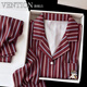 VENTION情侶真絲睡衣女春秋新款高級感豎條紋男款家居服套裝生日禮物禮盒 紅色條紋【長(cháng)袖長(cháng)褲】情侶同款 XL 女士【建議120-140斤】