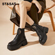 星期六（St&Sat）工裝風(fēng)短靴春季新款系帶時(shí)尚馬丁靴厚底加絨百搭機車(chē)靴防水臺女鞋 黑色 37